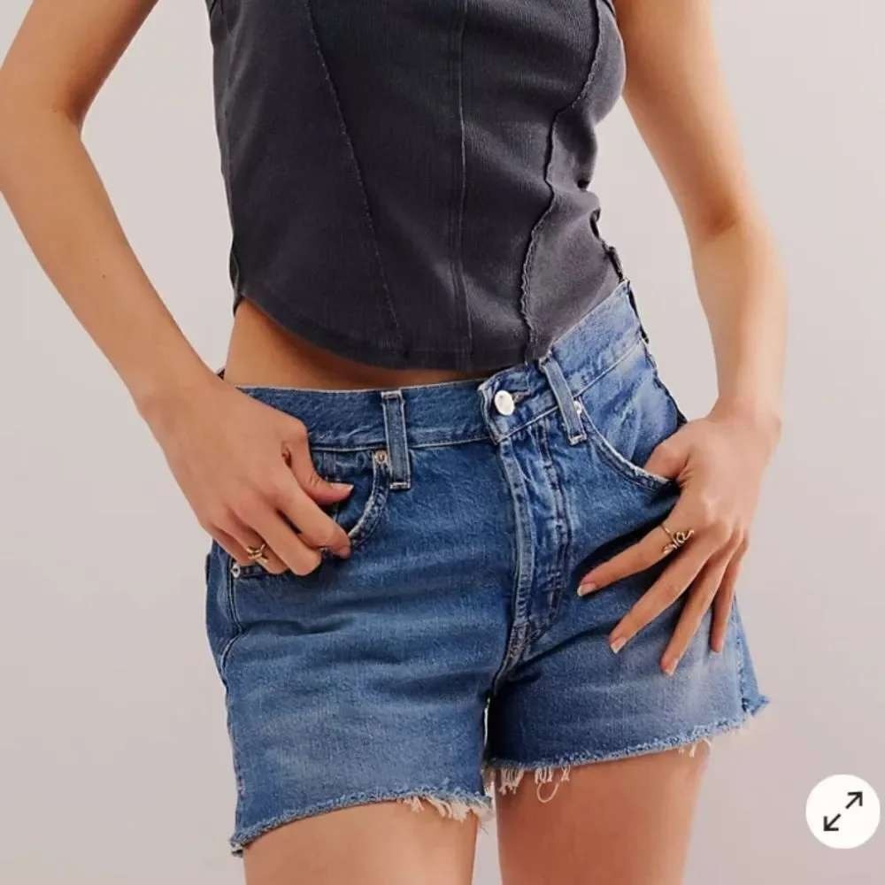 Edwin Cai Short Cut Off Blue Denim Jean Shorts Buttons Fly Frayed Hem
